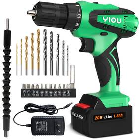 Yiou 750911237100 20v Max Cordless Drill 18 1 Clutch 2-speed 3/8 Inch Chuck 23pcs Set Ba